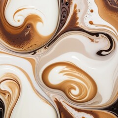 an intricate pattern of coffee cream. the swirling cream exhibits a variety of shapes and sizes within its light brown base