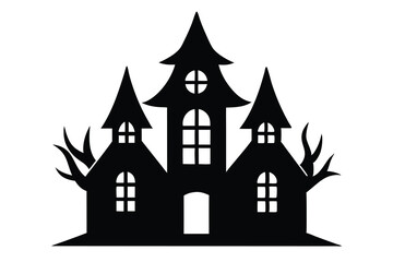 Black and White Silhouette of a Spooky Halloween Haunted House with Trees and Windows