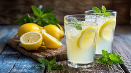 Fototapeta premium A High Resolution image of refreshing Lemonade with Lemon and Mint on Wooden Table.