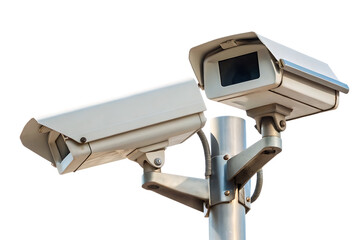 Two security cameras mounted on a pole isolated on a white background