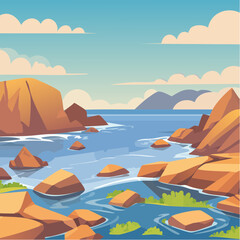 Naklejka premium Rocky Coastline at Low Tide – Tide pools teeming with life, kelp draped over rocks. 