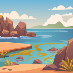 Obraz premium Rocky Coastline at Low Tide – Tide pools teeming with life, kelp draped over rocks. 