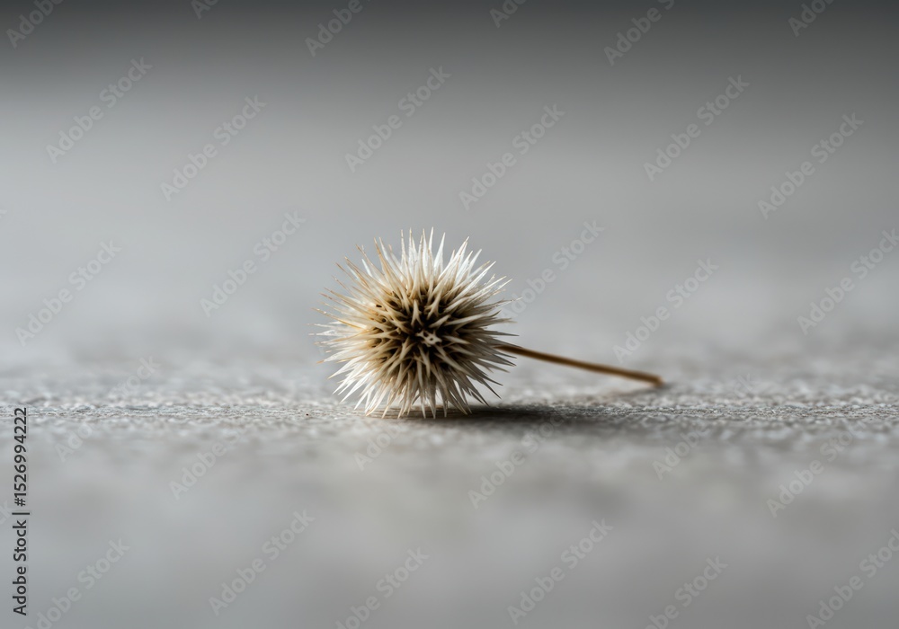Poster a single dry spiky seed pod lying on a grey concrete surface. natural element with sharp texture for