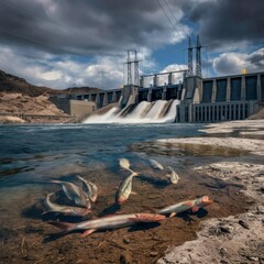 Hydropower vs. Ecosystem: A dam generating electricity with a dried-up riverbed downstream, fish struggling in shallow waters—depicting the ecological impacts of certain renewable energy sources.