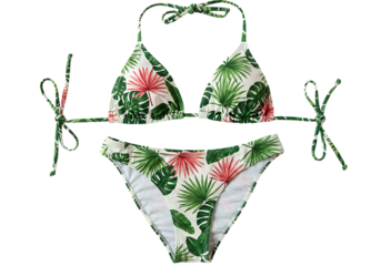 stylish tropical print bikini with green leaves - flat lay swimwear isolated on transparent background