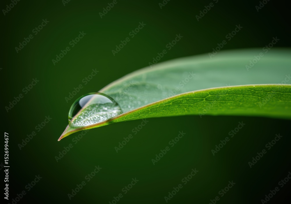Poster macro view of a single sparkling water drop on a green leaf. abstract nature background for eco, fre