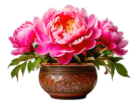 Elegant pink peony flower in a textured decorative pot, isolated on white Transparent background with high-resolution detail, ideal for luxury floral branding or art print projects