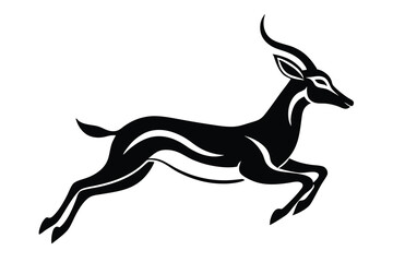 Obraz premium Black Silhouette of a Leaping Impala Antelope with Curved Horns on White