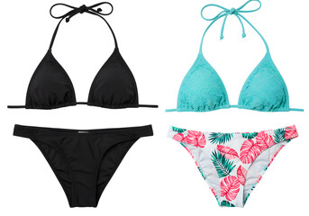 stylish bikini sets in black and floral print - women's swimwear isolated on transparent background