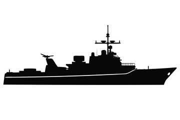 Black Silhouette of a Naval Warship with Radar and Antenna on Deck