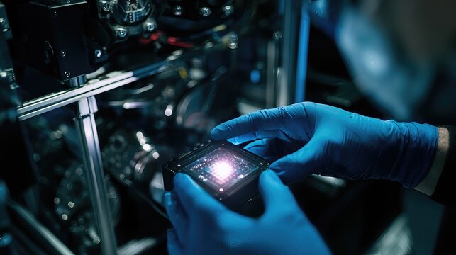 Close-up of technician wearing blue gloves handling illuminated quantum computer chip in advanced lab environment futuristic