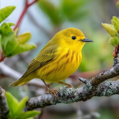 A captivating Yellow Warbler perched gracefully on a branch, its vibrant plumage shining in the sunlight. The warbler is surrounded by lush foliage, creating a beautiful scene.