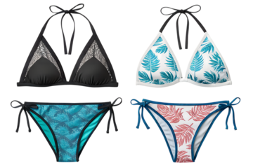 stylish bikini sets in black and floral print - women's swimwear isolated on transparent background