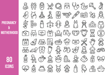 A comprehensive set of 80 line icons representing pregnancy, baby care, parenting, and maternal health in a modern flat style. 
