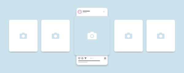 Social media carousel post template mockup. Mobile app interface with blank pictures, editable posts. Scroll frame pages, social media photography.
