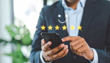 Businessman Engaging in Customer Satisfaction Survey with Smartphone