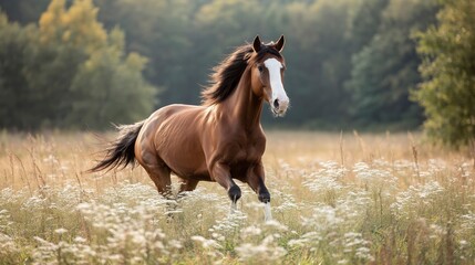 Obraz premium Majestic brown horse galloping freely, embodying wild grace and untamed spirit