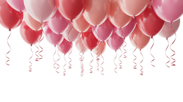 A cluster of pink and red balloons floats, isolated on transparent background