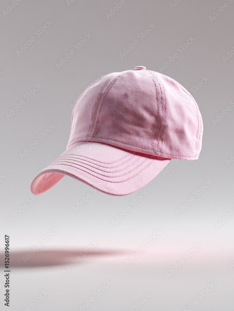 Poster light pink cap floats above a smooth surface against a neutral grey backdrop, emphasizing its simple