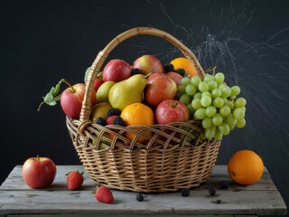 A vibrant fruit basket overflows with juicy apples, pears, oranges, and grapes, glistening under a refreshing spray