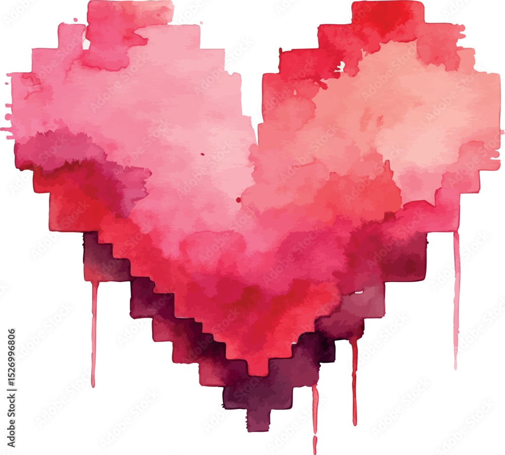 Poster watercolor pixel heart vector. romantic 8-bit design with soft red tones.