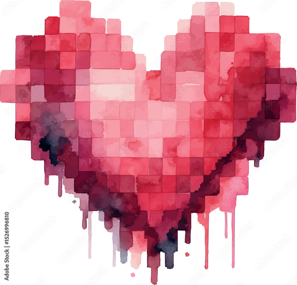 Poster watercolor pixel heart vector. romantic 8-bit design with soft red tones.