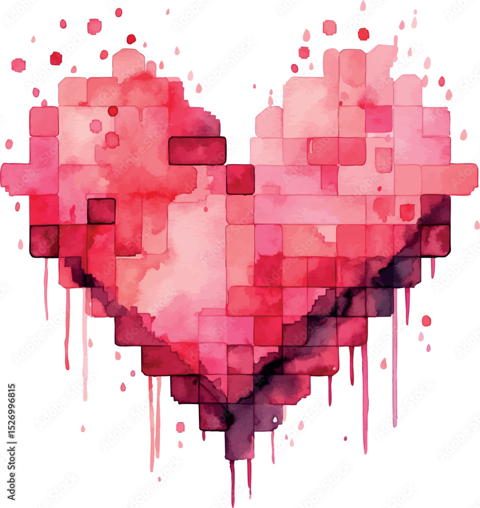 Poster watercolor pixel heart vector. romantic 8-bit design with soft red tones.