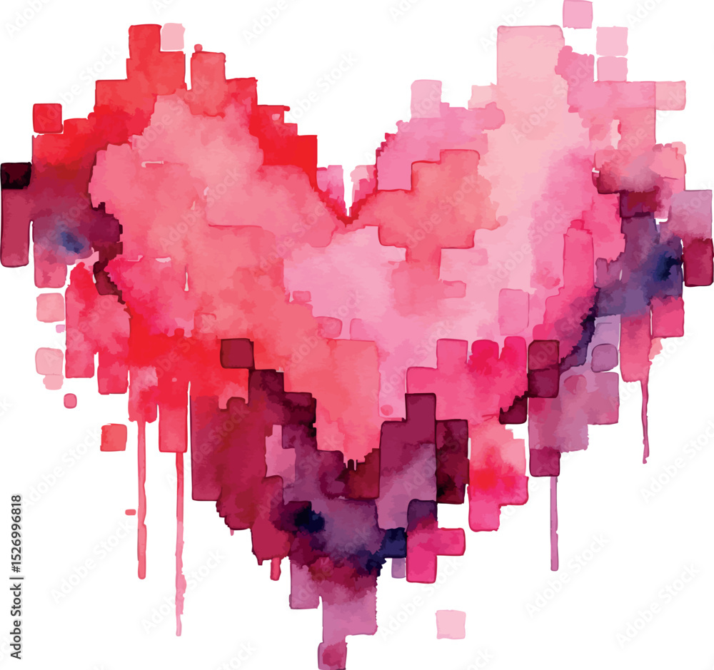 Poster watercolor pixel heart vector. romantic 8-bit design with soft red tones.