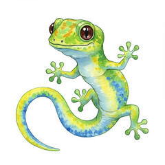 Obraz premium Vibrant watercolor illustration of a playful cartoon lizard on white background