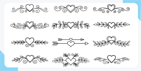Obraz premium Elegant hand drawn decorative heart borders and dividers collection in black and white design