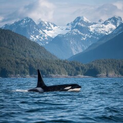 Obraz premium A stunning image of an orca whale swimming in the ocean with a picturesque backdrop of mountains. The orca's distinctive black and white markings stand out against the blue water