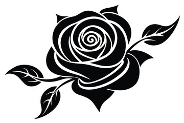 Elegant Black and White Rose with Leaves Illustration Floral Design Element