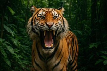 A tiger in the jungle. Roaring Tiger at Jungle. Striped Bengal wildcat in predator mood. 