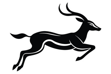 Fototapeta premium Elegant Black Silhouette of a Leaping Impala with Curving Horns on a White Background