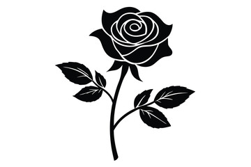Elegant Black Rose Silhouette with Stem and Leaves on White Background
