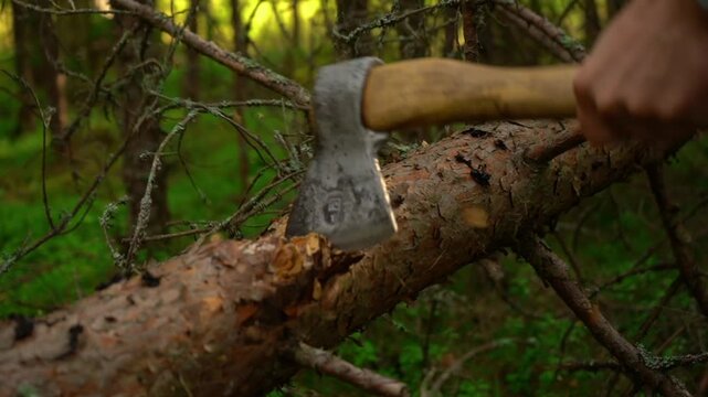 An axe chops down a pine tree trunk