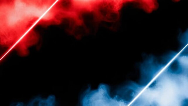 Fondo abstracto con l&aacute;seres rojos y azules sobre fondo negro y humo rojo con azul en forma de marco.