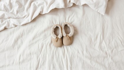 Cozy baby booties on soft bedspread, creating a warm and inviting atmosphere