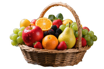 A vibrant fruit basket overflowing with juicy apples, oranges, pears, strawberries, and grapes, isolated on transparent background