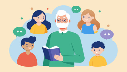 Passing Down Stories As an elderly person shares stories with their family they also pass down their knowledge and legacy to younger generations. This helps keep family traditions. Vector illustration
