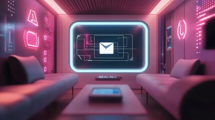 Obraz premium Digital technology mockup of a futuristic communication interface in a modern lounge setting