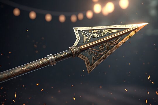 Intricately designed golden arrowhead with ornate detailing and decorative engravings against dark background - Powered by Adobe
