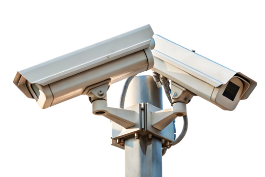 Two security cameras mounted on pole isolated on a white background