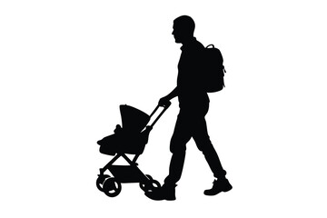 Man Silhouette Walking with Baby Stroller and Backpack, Minimalist Monochrome Illustration