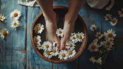 person soaking feet in a wooden container with flowers, relaxation ritual in a home spa. generative ai