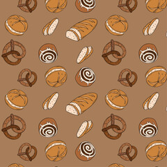 Sweet bakery seamless background pattern wallpaper with different types of baking products. Bakery shop and cafeteria restaurant decoration