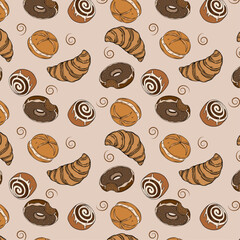 Obraz premium Sweet bakery seamless background pattern wallpaper with different types of baking products. Bakery shop and cafeteria restaurant decoration