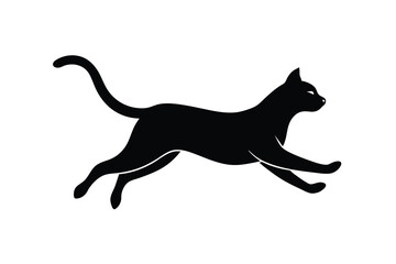 Running Black Cat Silhouette with Arched Back and Curled Tail Isolated on White