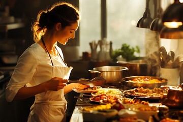 Female Chef Working in a Kitchen Surrounded by Fresh Vibrant Ingredients