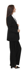 Happy woman in suit on white background